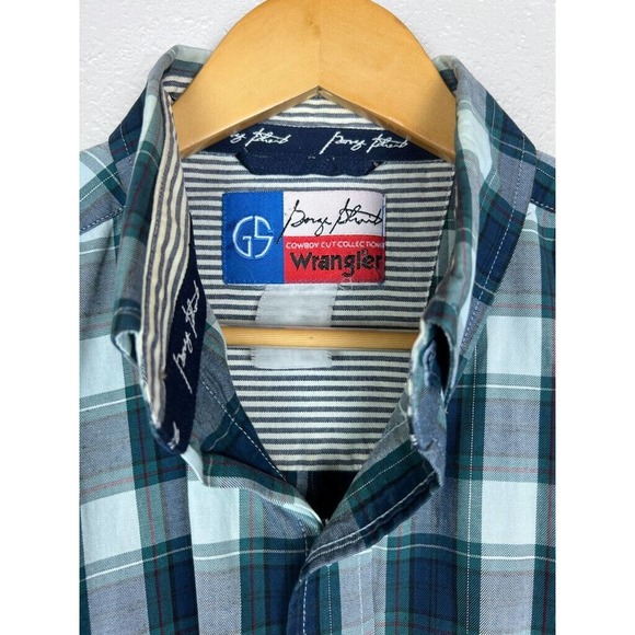 Wrangler George Strait Mens L/XL Blue Green Plaid Long Sleeve Button Down Shirt - Picture 5 of 7